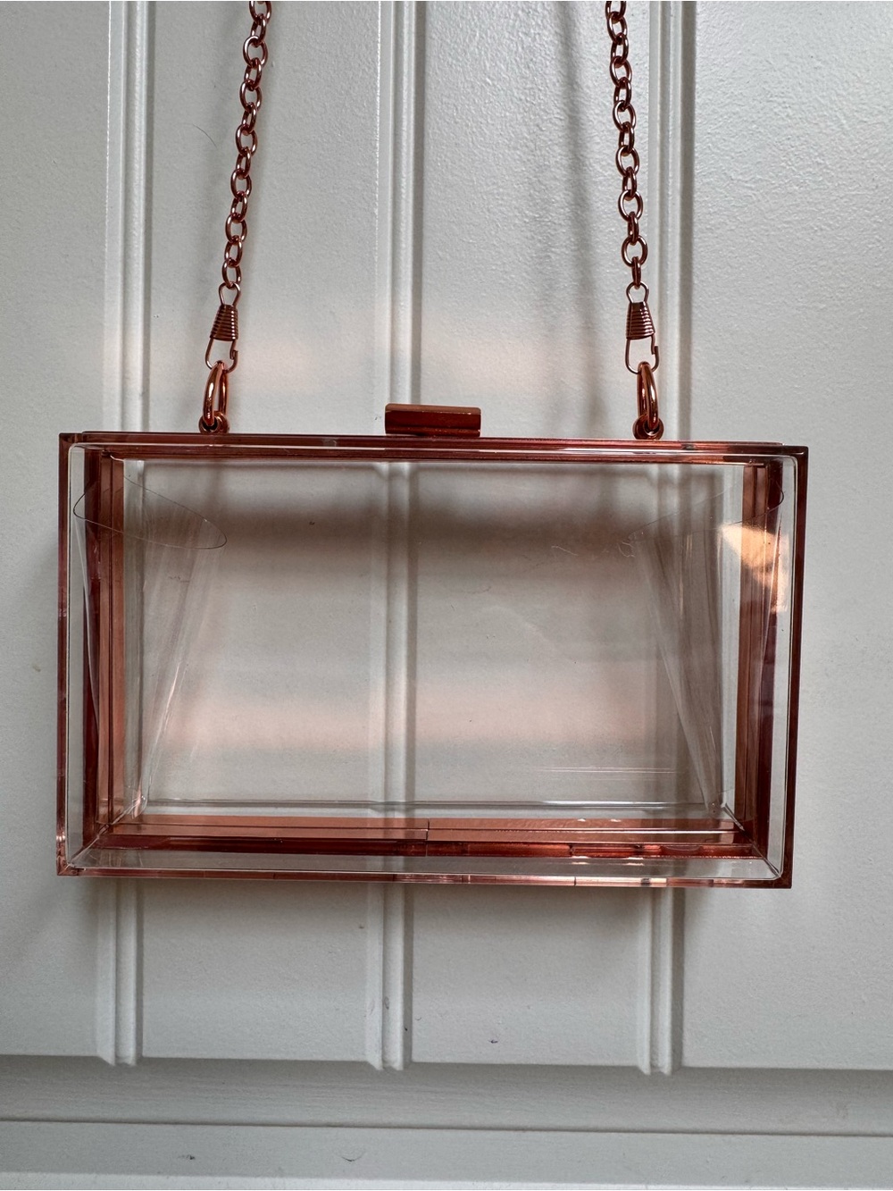 Clear Acrylic Box Purse with Rose Gold Toned Hardware. 7” by 4” by 2”.